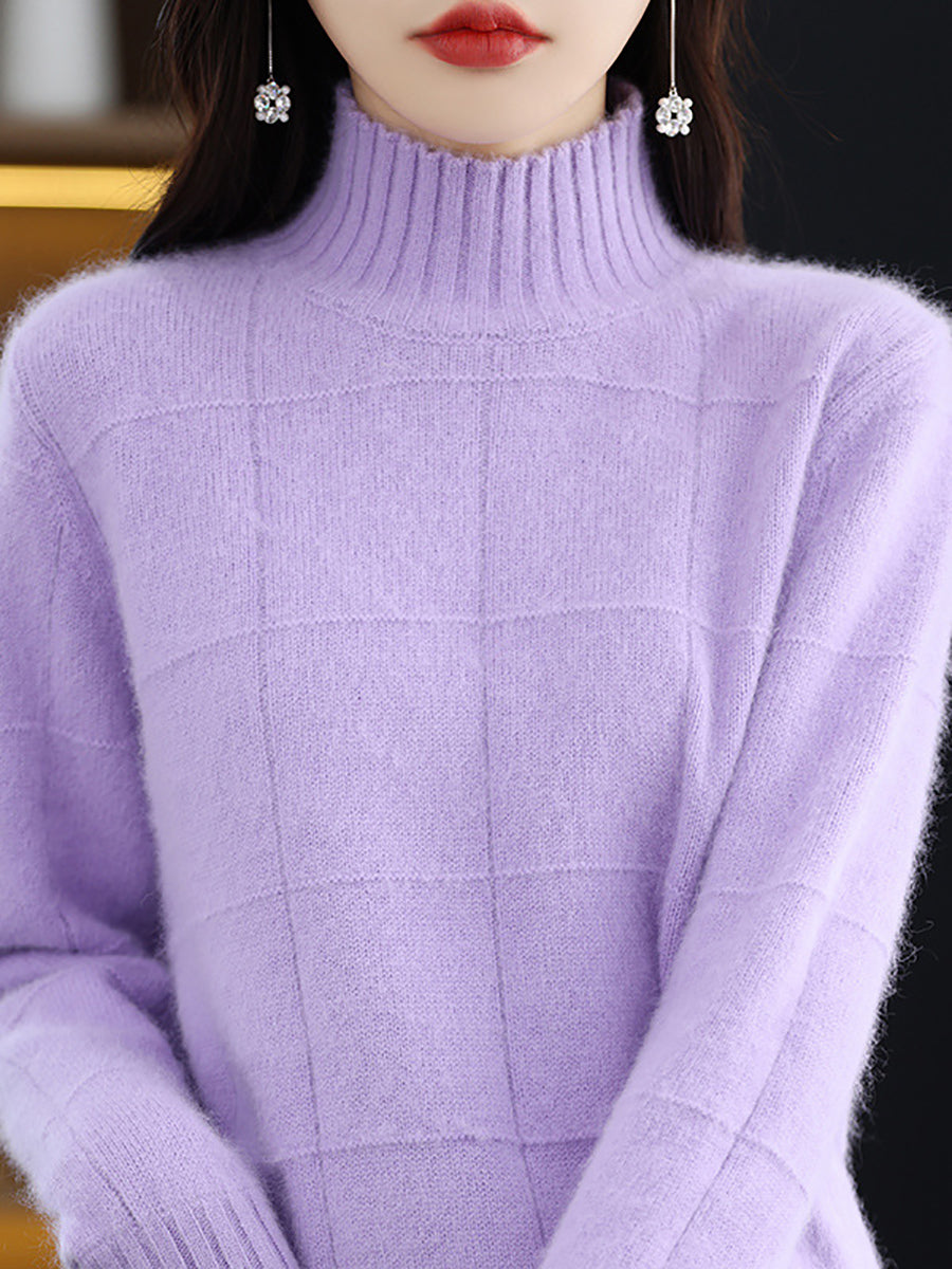 Autumn Half Turtleneck Plaid 100%wool Sweater Qu031