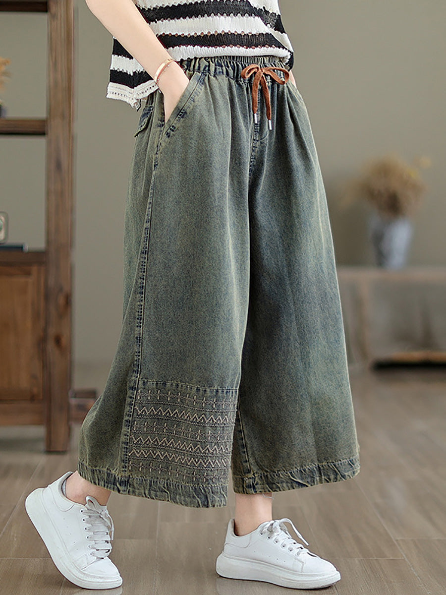 Summer Embroidery Wide-leg Denim Pants Cc010