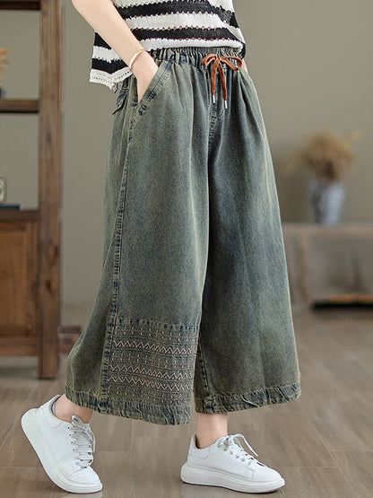 Summer Embroidery Wide-leg Denim Pants Cc010