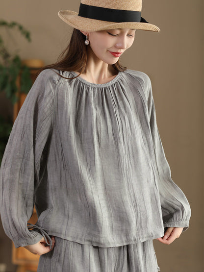 Summer Artsy Strap Hem O-neck Ramie Blouse As1026