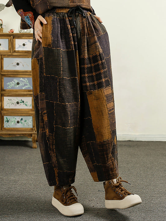 Autumn Plaid Spliced Cotton Harem Pants Ai1051
