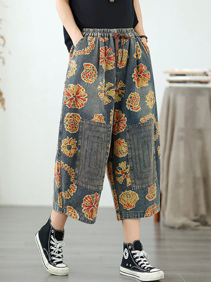 Straight Pants Retro Capri Flower Denim