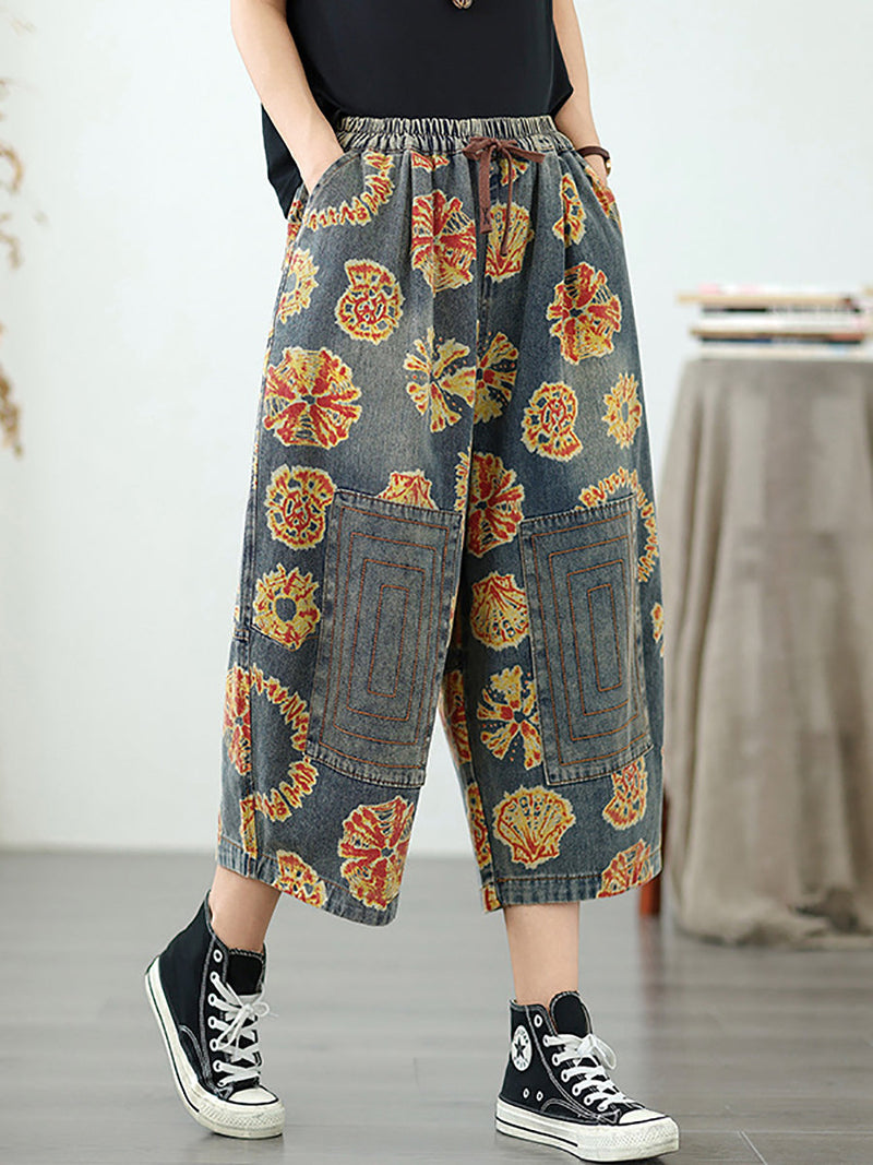 Straight Pants Retro Capri Flower Denim