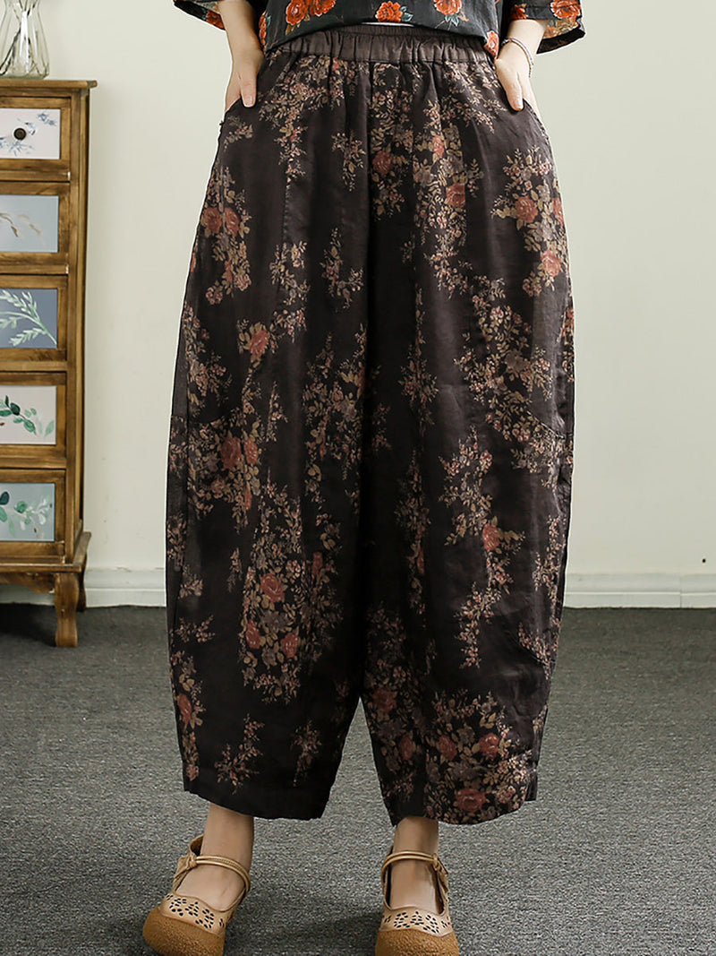Summer Retro Print Ramie Harem Pants Cx052