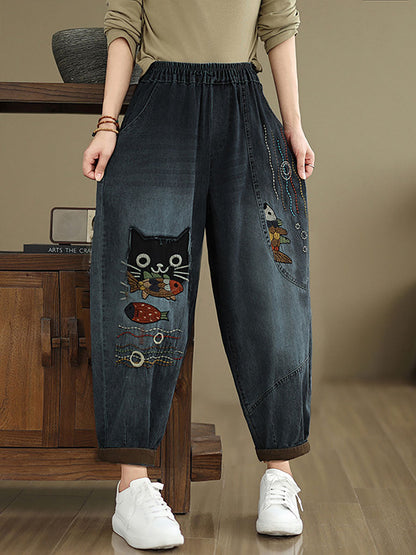Autumn Cat Patch Spliced Denim Harem Pants Av1004