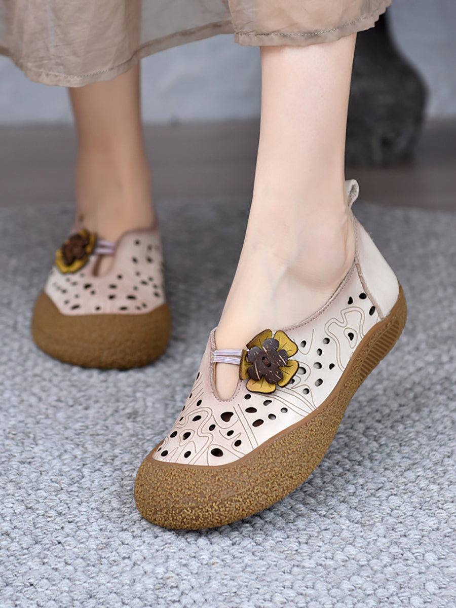 Summer Leather Cutout Flower Flat Shoes Sc1060