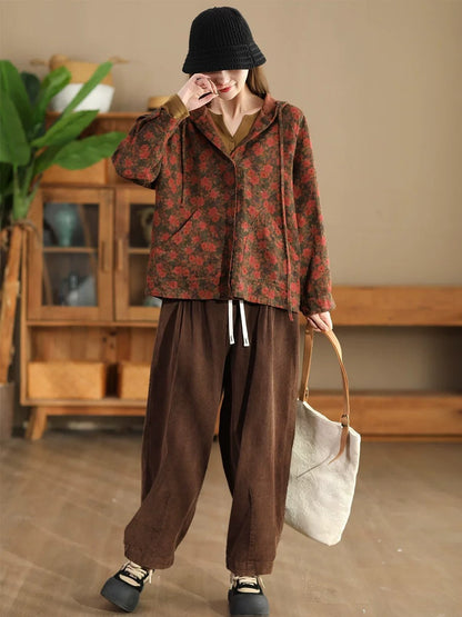 Autumn Flower Button Cotton Linen Hooded Coat Ah1013
