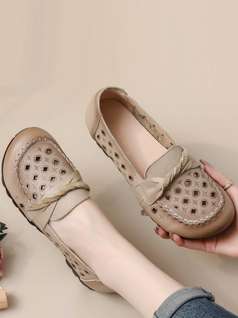 Leather Cutout Spliced Low Heel Shoes Rr1047