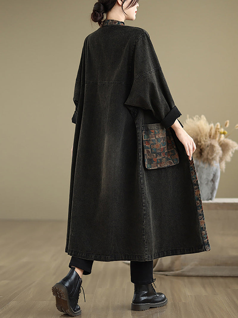 Autumn Worn Patch Colorblock Denim Coat Ah1067