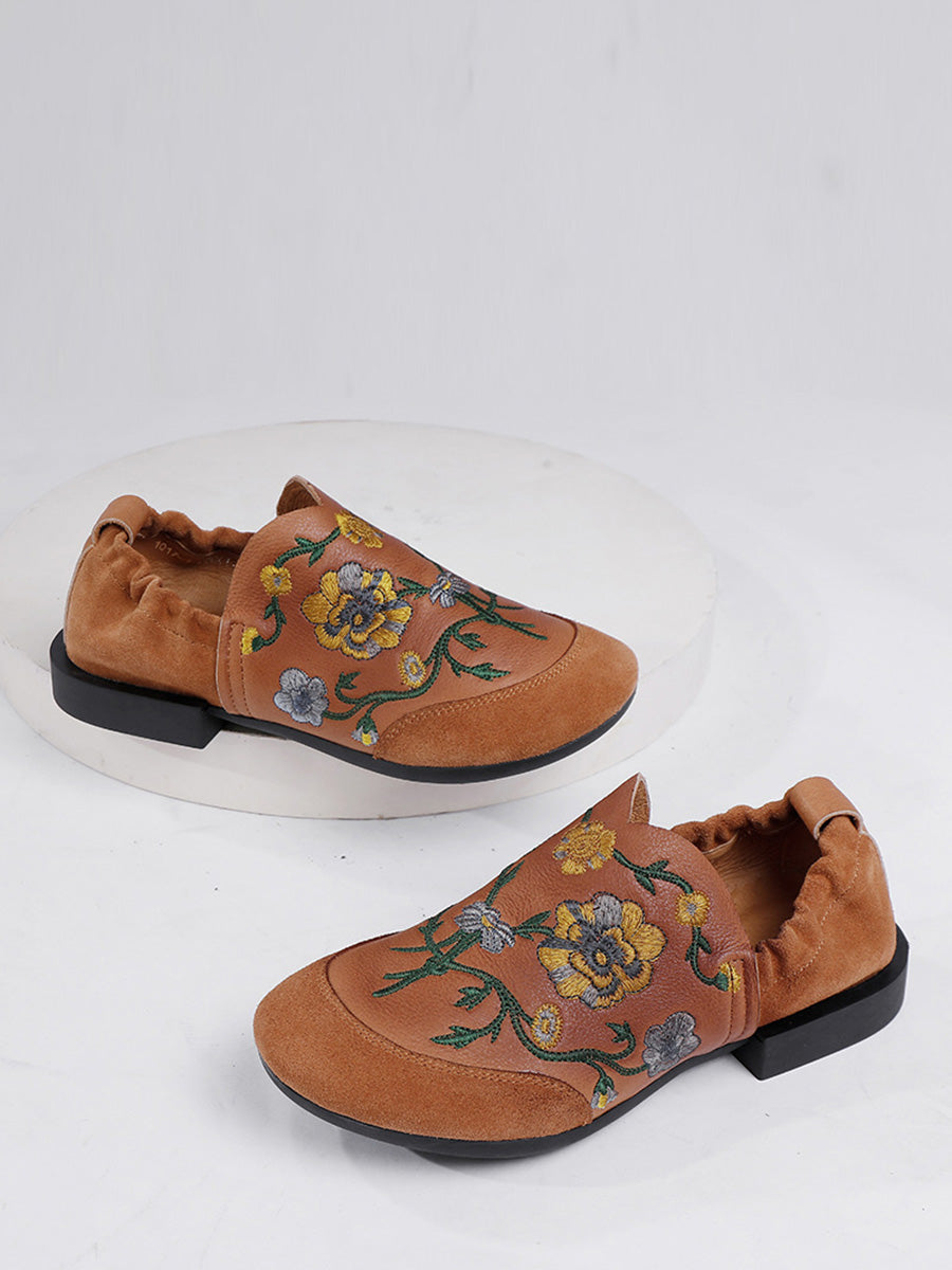Autumn Embroidery Leather Low Heel Shoes Ai1020