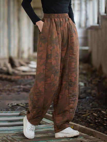 Winter Retro Flower Cotton Paaded Harem Pants Wu003