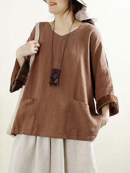 V-neck 100%linen Blouse Ak1006