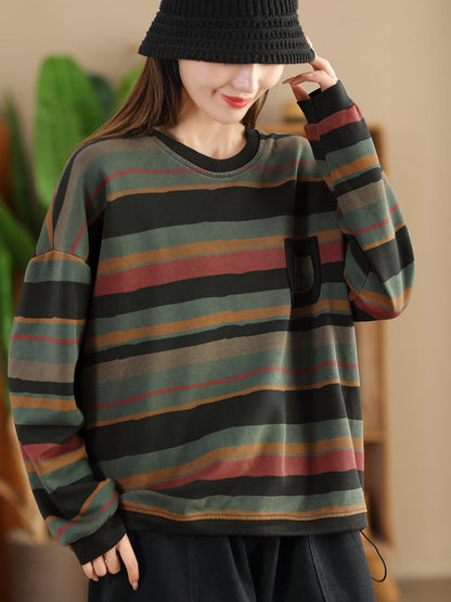 Autumn Colorblock Stripe O-neck Cotton Sweatshirt Ai1027
