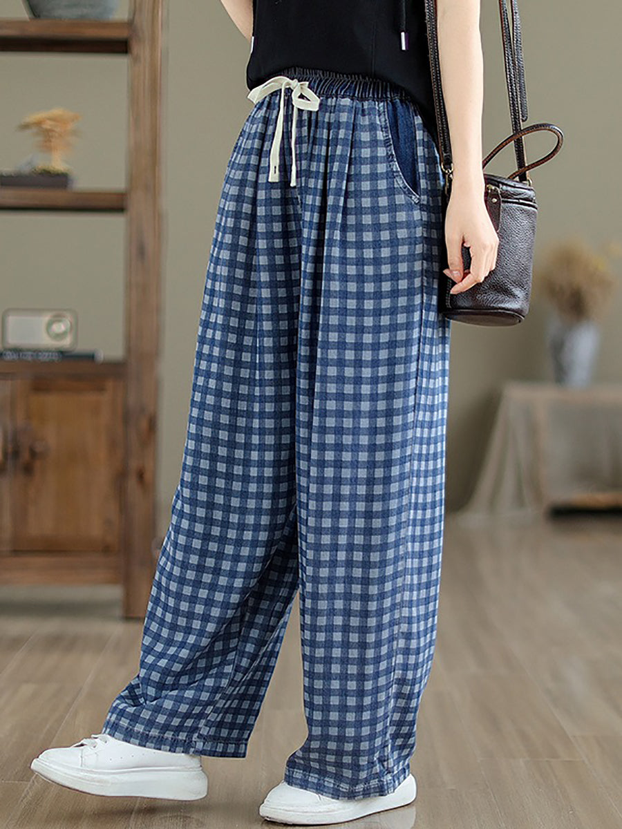 Summer Plaid Wide-leg Cotton Pants Op1028