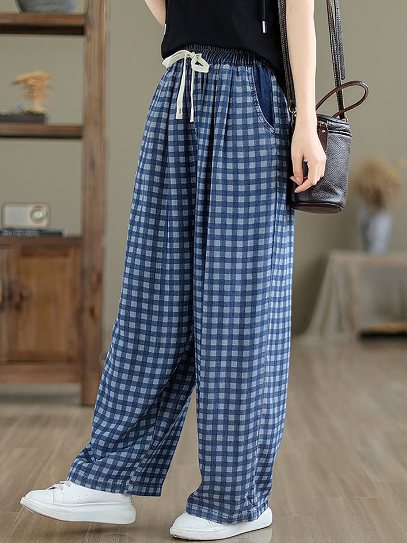 Summer Plaid Wide-leg Cotton Pants Op1028