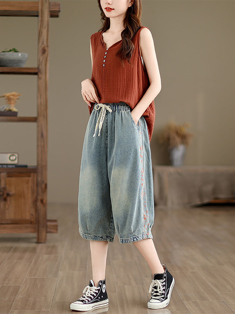 Summer Spliced Washed Denim Knee Length Pants Op1039