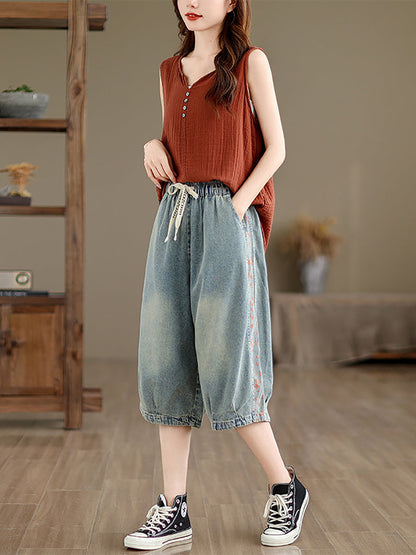 Summer Spliced Washed Denim Knee Length Pants Op1039