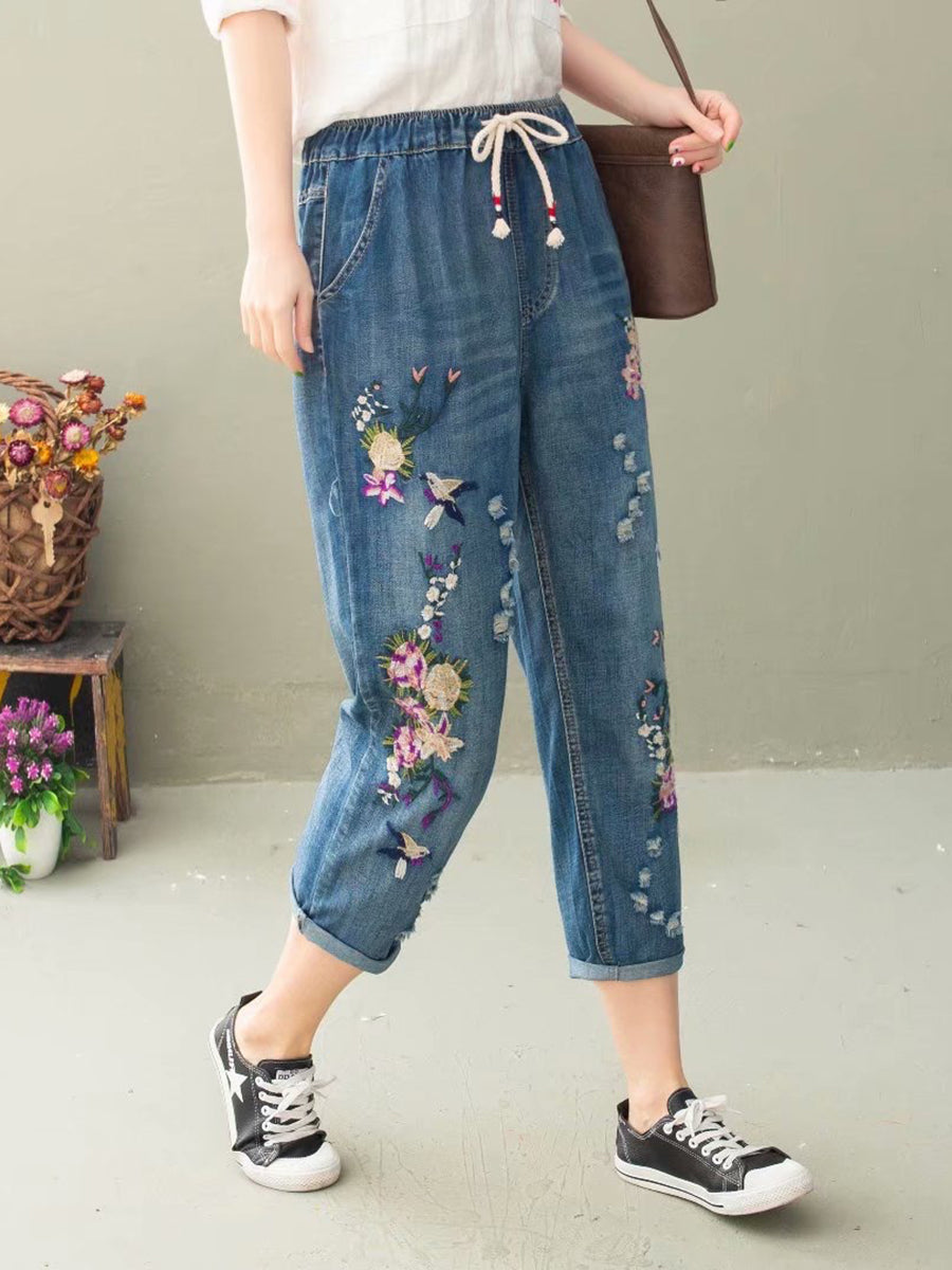 Summer Flower Embroidery Denim Harem Pants Io1022