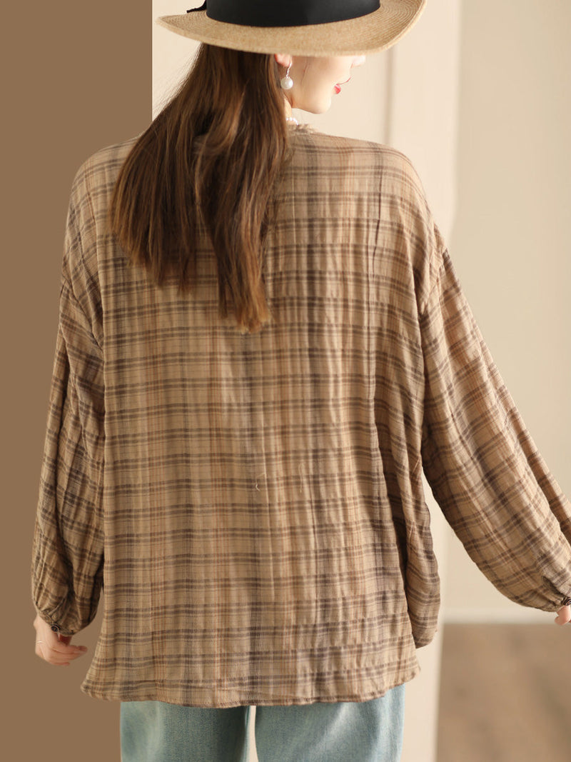 Spring Plaid Ramie Button Up Blouse Co1044