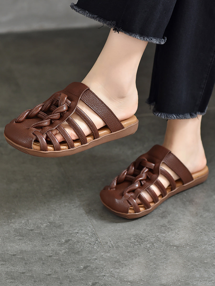 Summer Leather Spliced Flat Slippers Ui1025