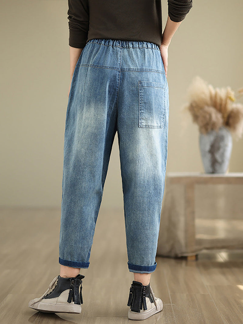 Autumn Artsy Flower Embroidery Denim Harem Pants Ai1074