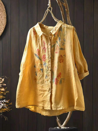 Artsy Summer Flower Print Ramie Blouse Kl1041