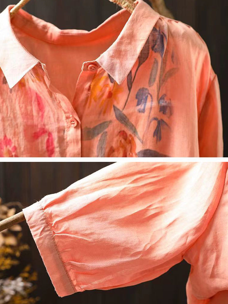 Artsy Summer Flower Print Ramie Blouse Pa1033