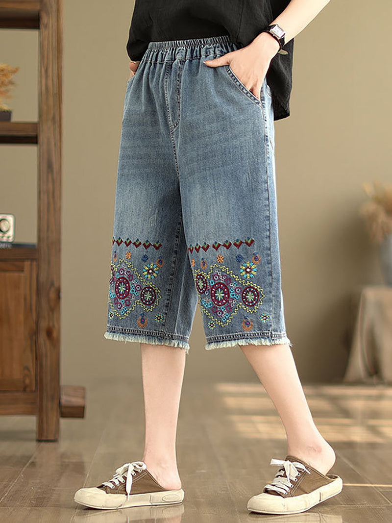 Summer Embroidery Knee-length Denim Pants Io1023