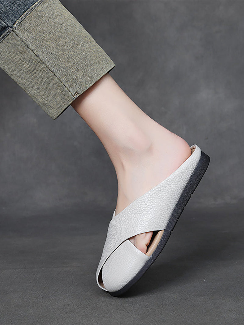 Summer Leather X-spliced Flat Slippers Ui1032
