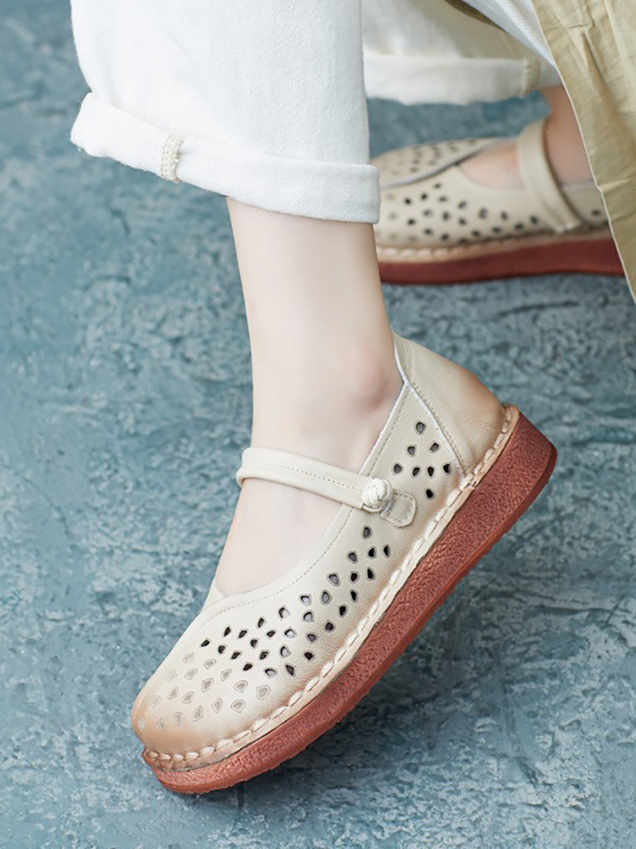 Summer Leather Spliced Cutout Flat Sandals Fg1029