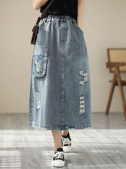 Summer Flower Embroidery Frayed Denim Skirt As1041