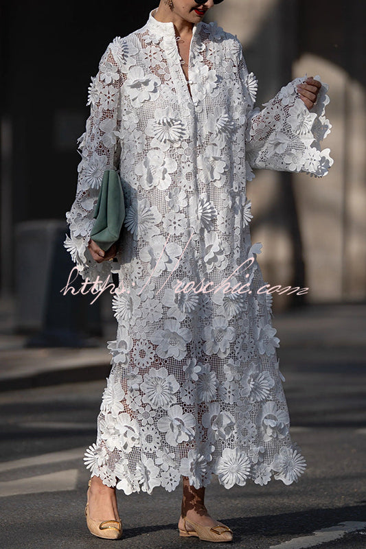 Color Hollow Embroidery Loose Long Sleeve Midi Dress