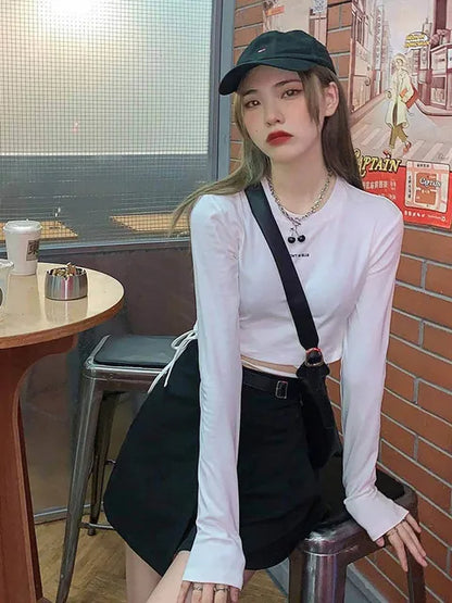 Long Sleeve T-shirts Design Crop Ins Prevalent Bandage Tops Harajuku Ulzzang Street Spring Female Ropa Hot Skinny New