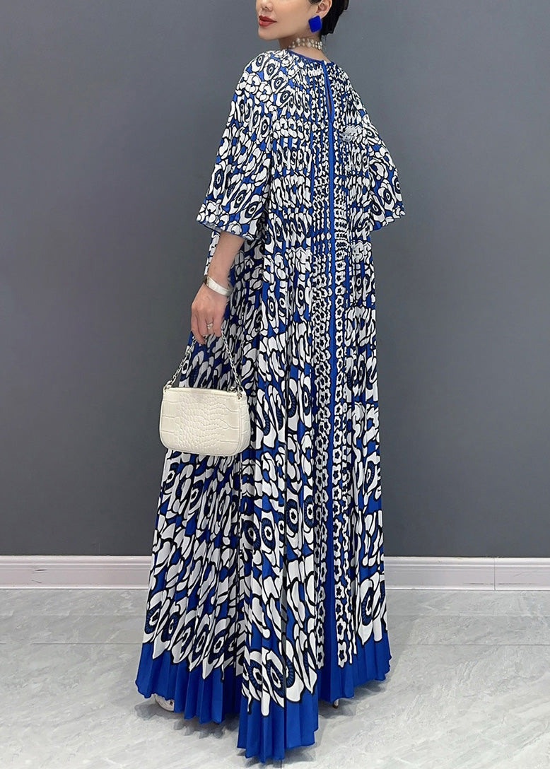 French Blue O Neck Print Wrinkled Long Dress Bracelet Sleeve Ao1004