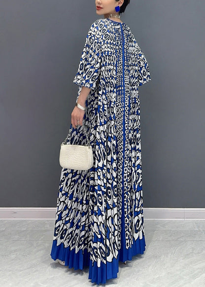 French Blue O Neck Print Wrinkled Long Dress Bracelet Sleeve Ao1004