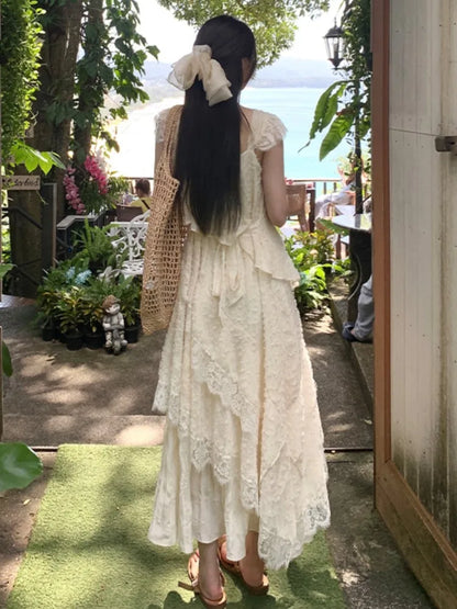 Korean Lace Midi Dress Spring Summer New A-line Ruffles Holiday Beach Dress Y2k Prom Robe Vestidos