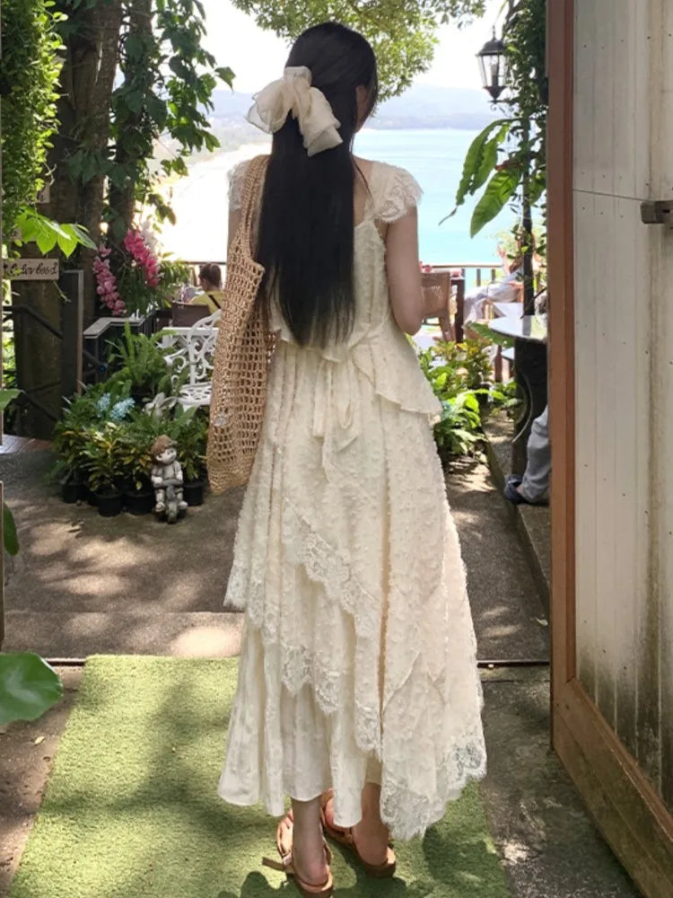 Korean Lace Midi Dress Spring Summer New A-line Ruffles Holiday Beach Dress Y2k Prom Robe Vestidos