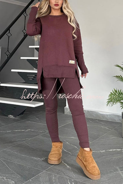 Color Crew Neck Long Sleeve Top and Stretch Pants Set