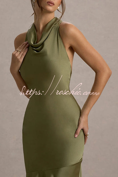 Timeless Sophistication Satin Cowl Detail Back Self-tie Halter Neck Maxi Dress