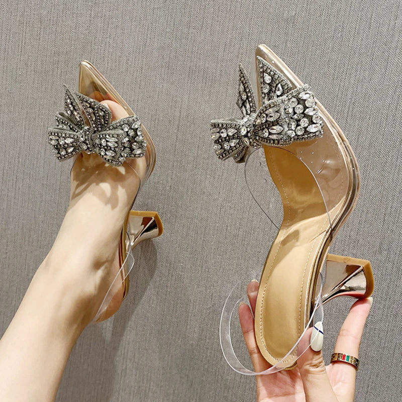 Liyke Crystal Sequined Bowknot Pumps – Pointed Toe High Heels Wedding Prom Shoes – Pvc Transparent Sandals
