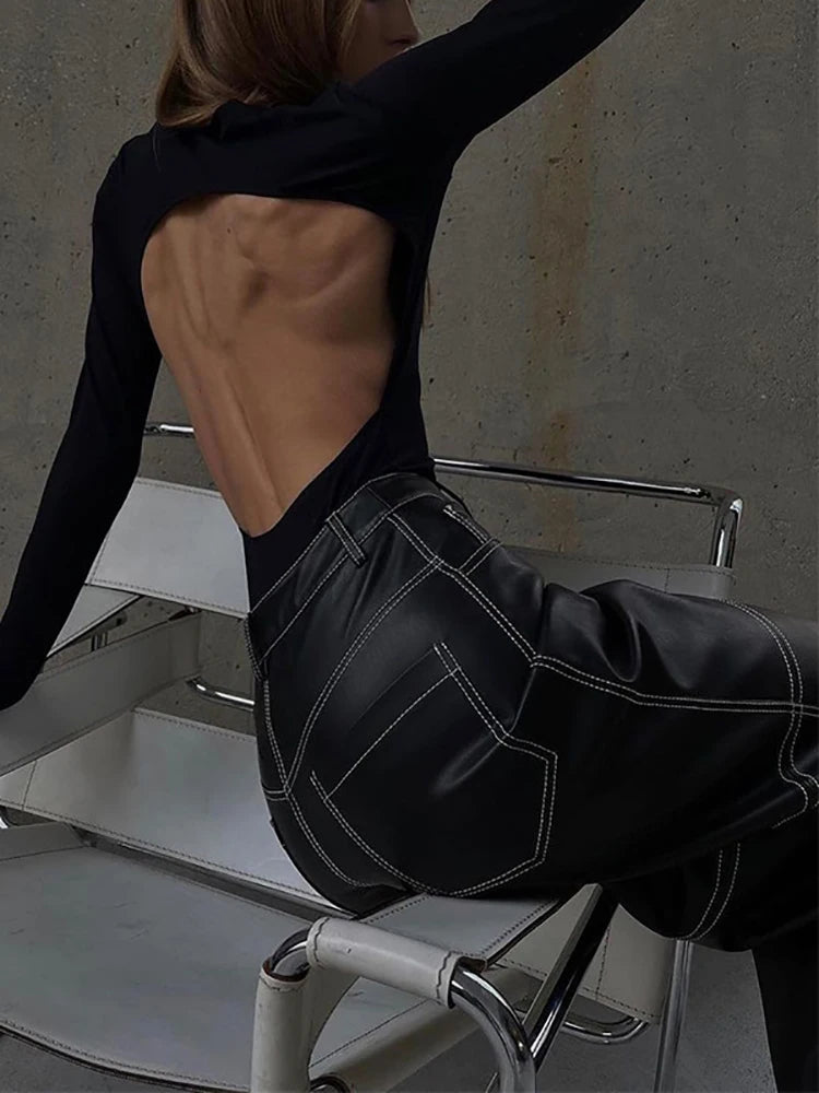 Pu Leather Straight Pants Black High Waist Long Pant for Autumn Style Trousers Y2k