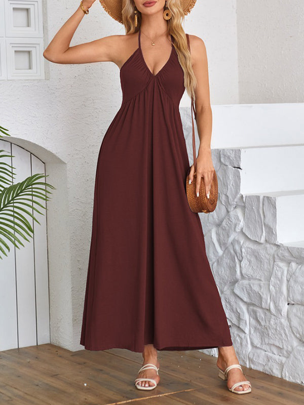 A-line Loose Pleated Color Split-joint Deep V-neck Maxi Dresses