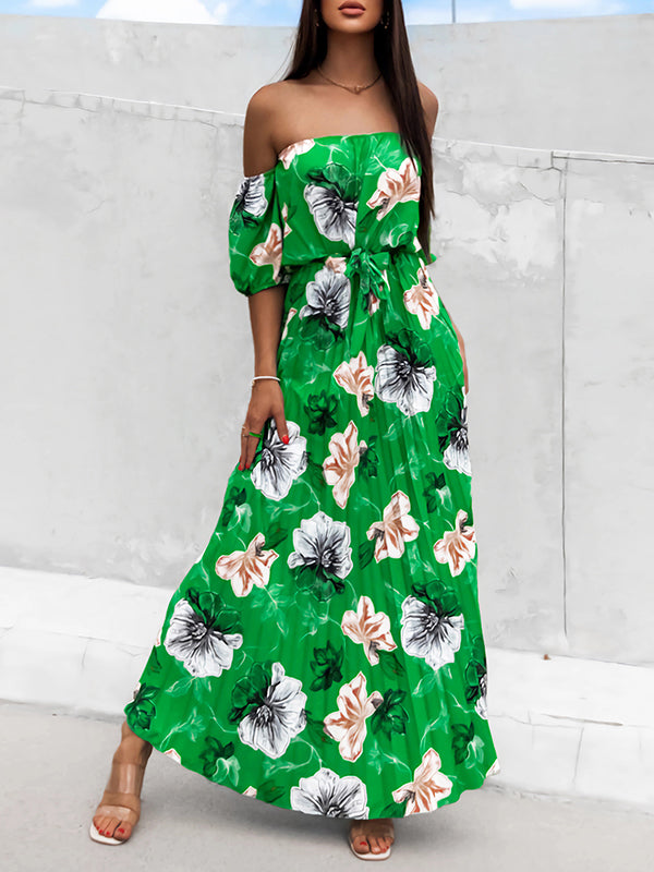 A-line Loose Elasticity Flower Print Pleated Split-joint Tied Waist Off-the-shoulder Maxi Dresses
