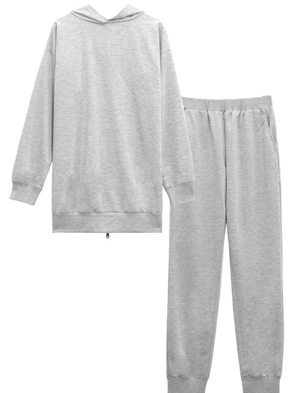 Zipper Back Drop Shoulder Hoodie & Elastic Waist Pants Outfits Fy8741