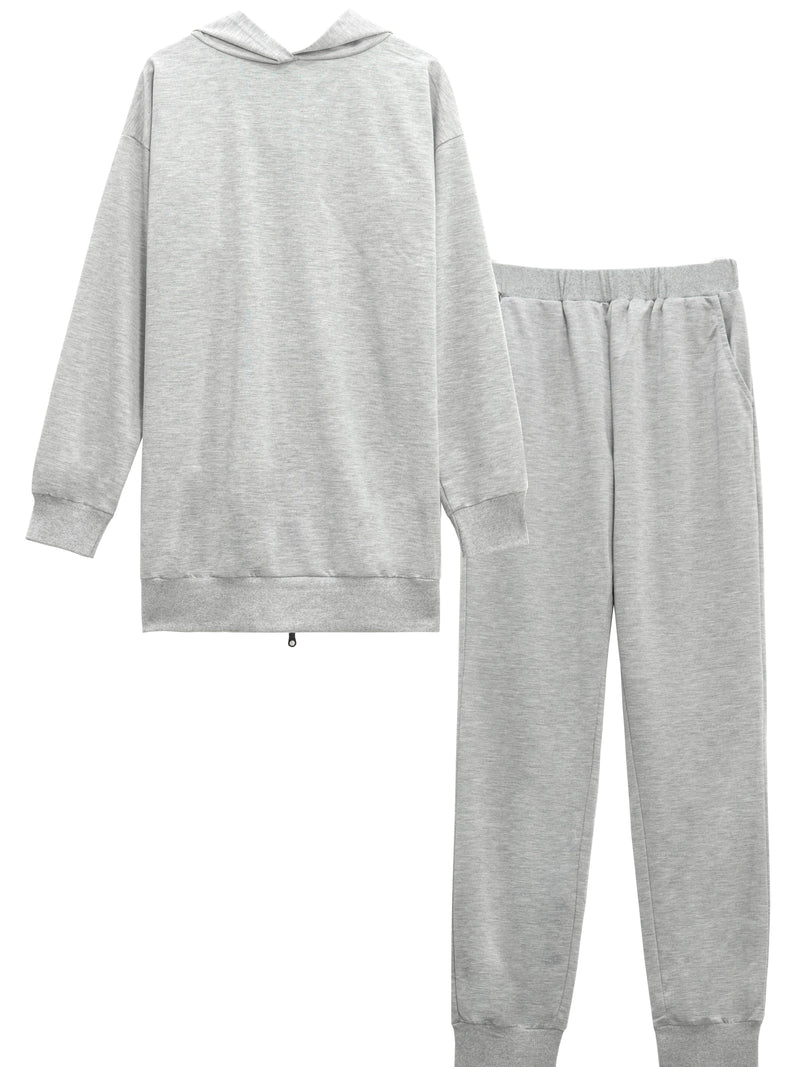 Zipper Back Drop Shoulder Hoodie & Elastic Waist Pants Outfits Fy8741