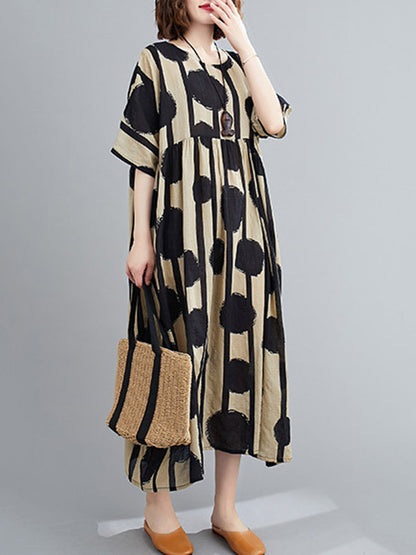Original Polka-dot Split-joint Round-neck Midi Dress