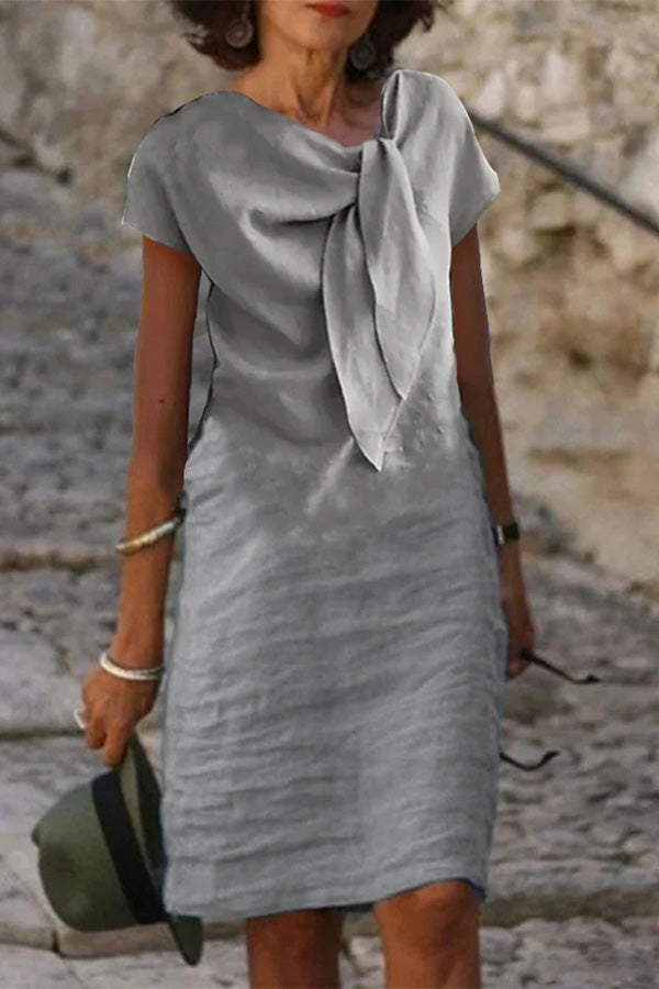 Linen Blend Short-sleeved Adjustable Tie-neck Mini Dress