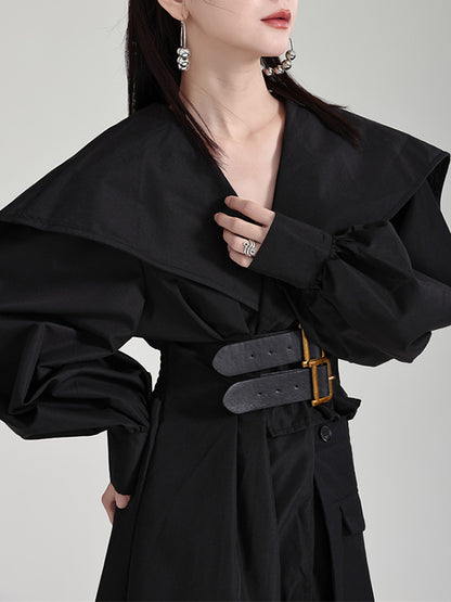 High Waisted Long Sleeves Asymmetric Belted Pleated Color Lapel Midi Dresses