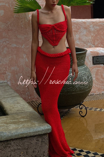 Kala Crochet Knit Braid Waist Slit Stretch Maxi Skirt