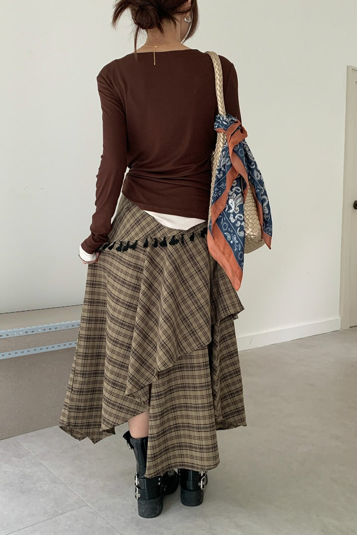 Asymmetrical Plaid Maxi Skirt